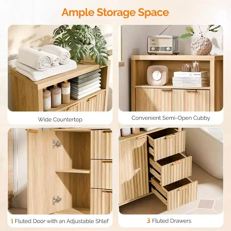 VINGLI Fluted Bathroom Floor Storage Cabinet with Fluted Door 3 Drawers,Modern Short Bathroom Storage Cabinet, Natural Oak Color