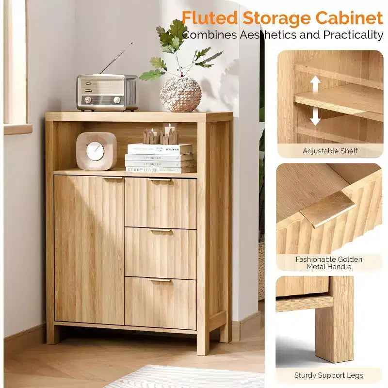 VINGLI Fluted Bathroom Floor Storage Cabinet with Fluted Door 3 Drawers,Modern Short Bathroom Storage Cabinet, Natural Oak Color