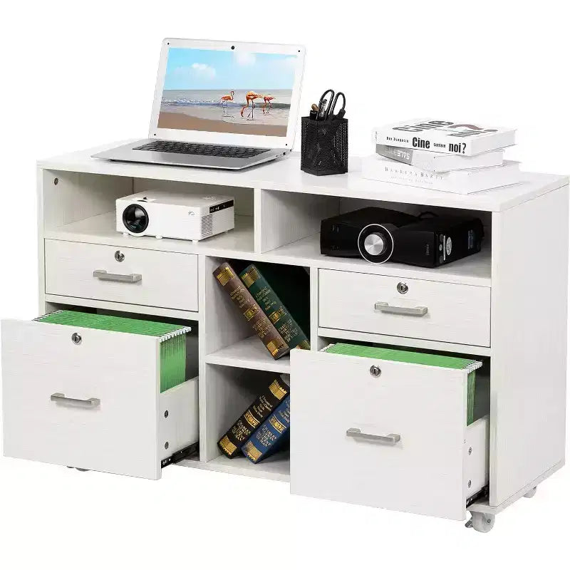 VINGLI Wood File Cabinet with 4 Drawers for Letter Files, Mobile Printer Stand, Lockable Lateral Filing Cabinets for Home Office, White