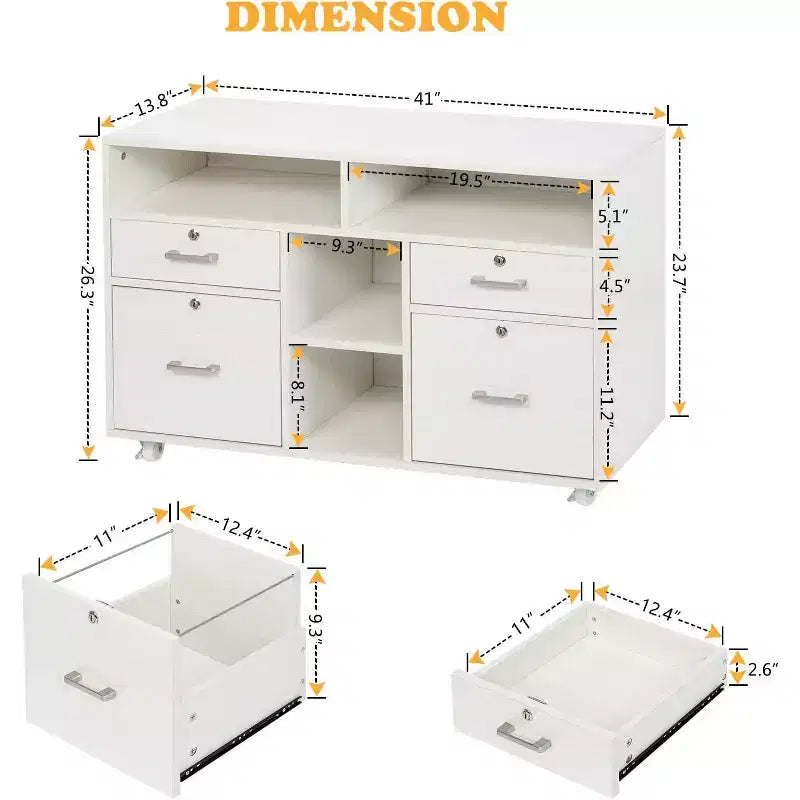 VINGLI Wood File Cabinet with 4 Drawers for Letter Files, Mobile Printer Stand, Lockable Lateral Filing Cabinets for Home Office, White
