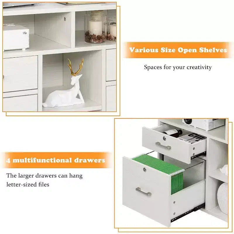 VINGLI Wood File Cabinet with 4 Drawers for Letter Files, Mobile Printer Stand, Lockable Lateral Filing Cabinets for Home Office, White