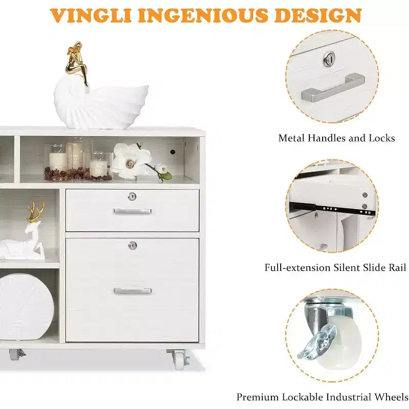 VINGLI Wood File Cabinet with 4 Drawers for Letter Files, Mobile Printer Stand, Lockable Lateral Filing Cabinets for Home Office, White
