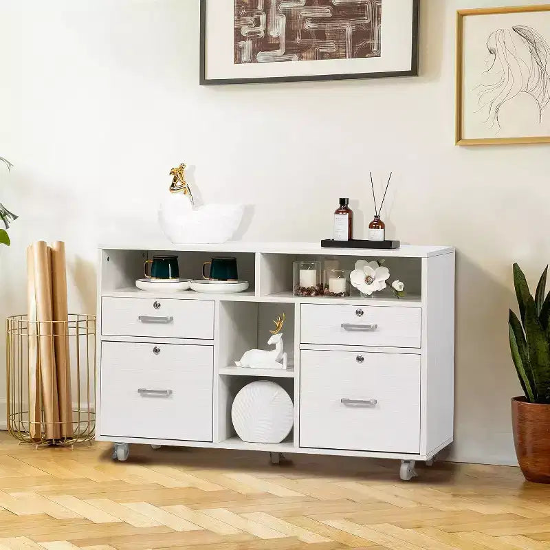 VINGLI Wood File Cabinet with 4 Drawers for Letter Files, Mobile Printer Stand, Lockable Lateral Filing Cabinets for Home Office, White