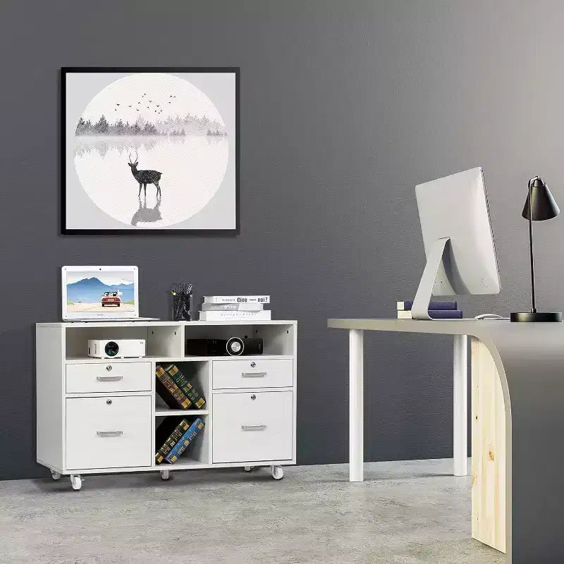 VINGLI Wood File Cabinet with 4 Drawers for Letter Files, Mobile Printer Stand, Lockable Lateral Filing Cabinets for Home Office, White