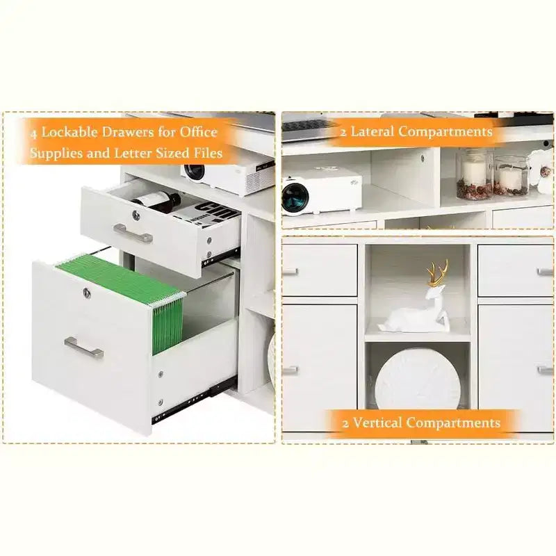 VINGLI Wood File Cabinet with 4 Drawers for Letter Files, Mobile Printer Stand, Lockable Lateral Filing Cabinets for Home Office, White