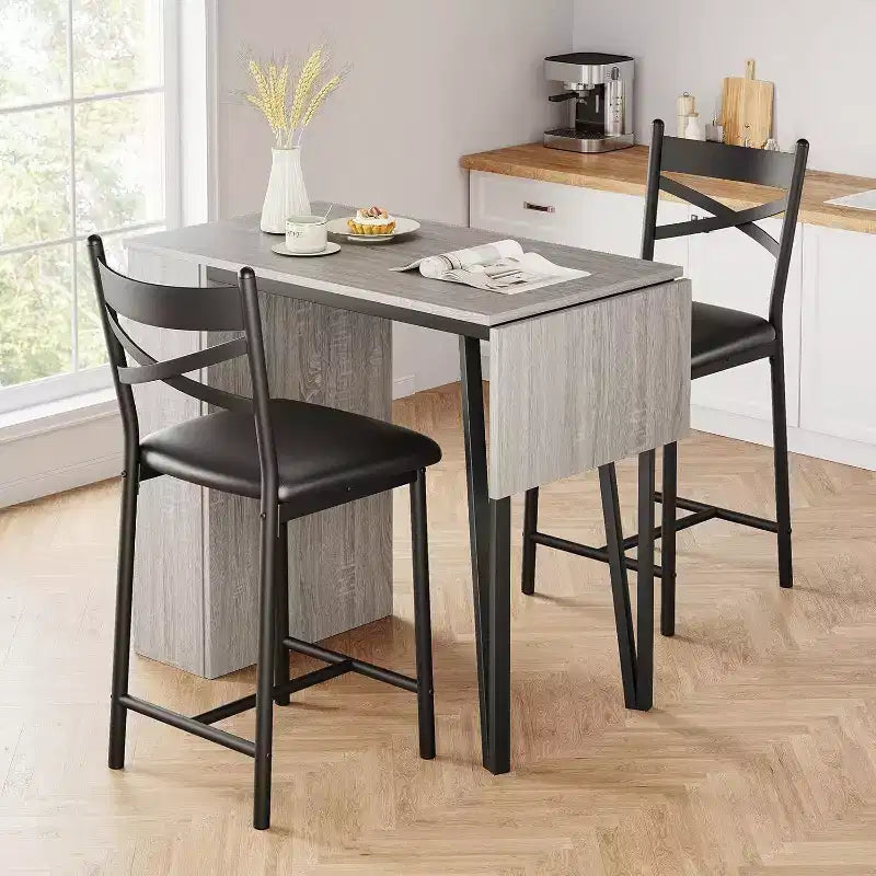 Bar Table Set with Flip Top Extension, Storage Shelves, Upholstered Chairs, Dining Table Set for Small Space