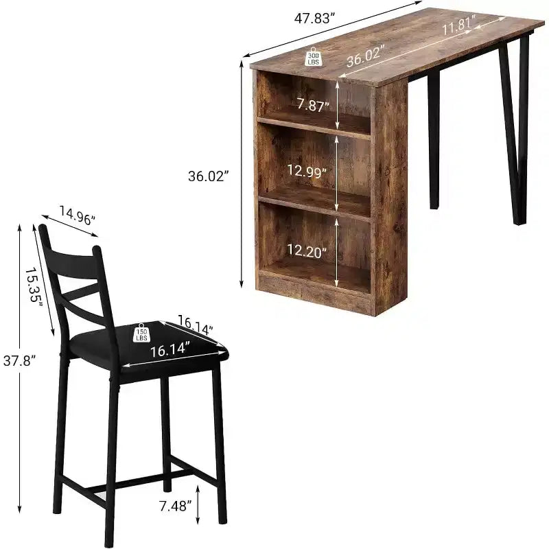 Bar Table Set with Flip Top Extension, Storage Shelves, Upholstered Chairs, Dining Table Set for Small Space