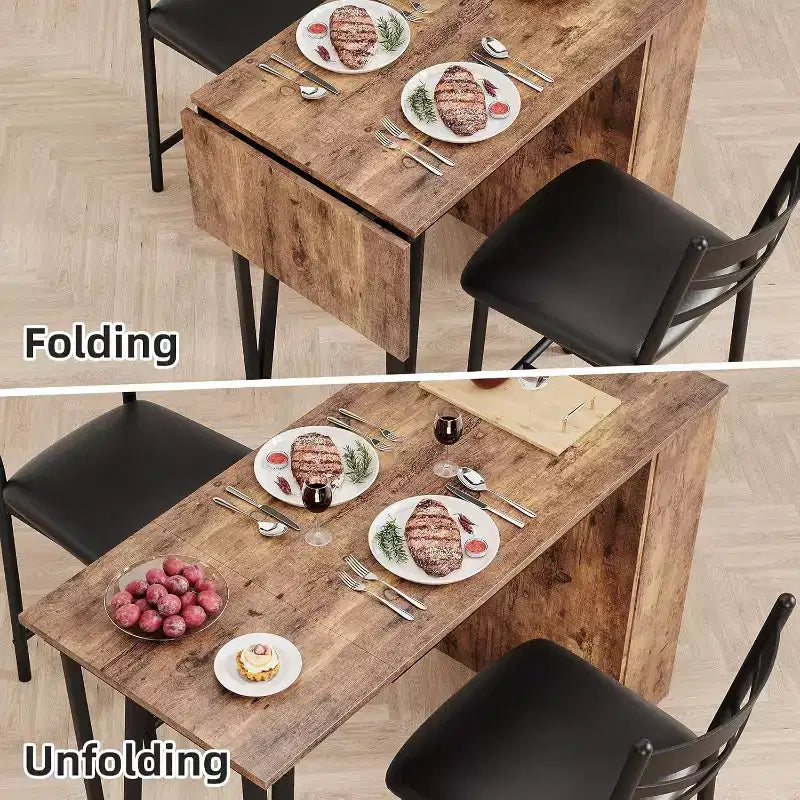 Bar Table Set with Flip Top Extension, Storage Shelves, Upholstered Chairs, Dining Table Set for Small Space