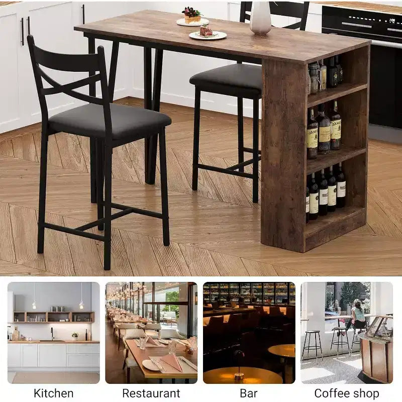 Bar Table Set with Flip Top Extension, Storage Shelves, Upholstered Chairs, Dining Table Set for Small Space