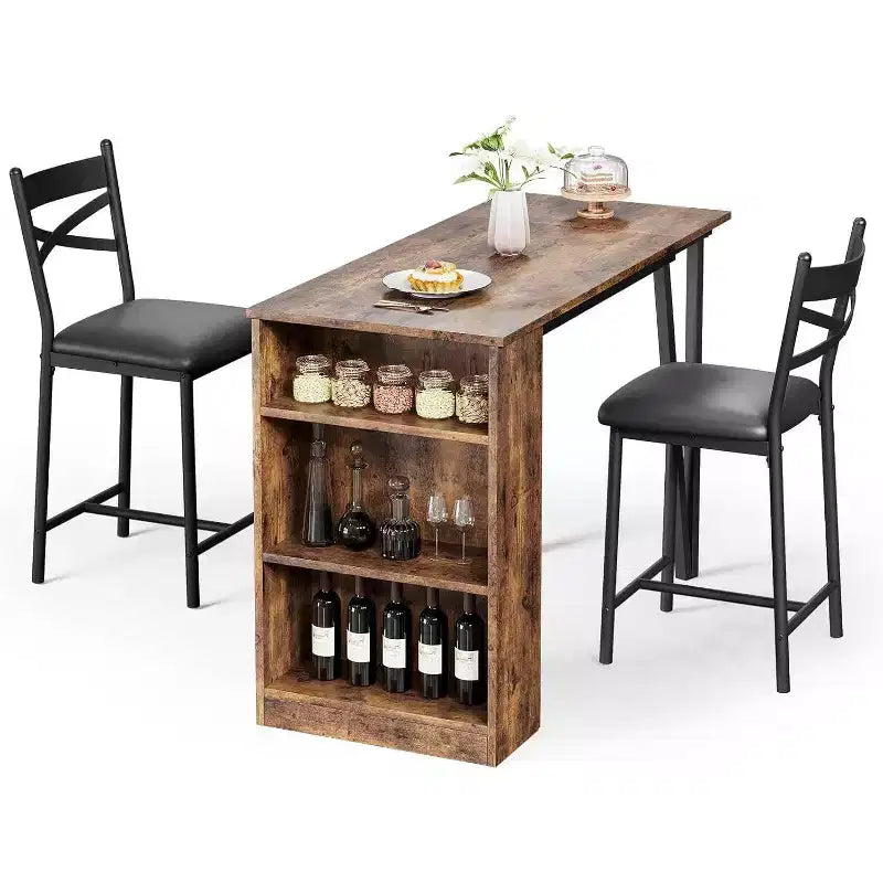 Bar Table Set with Flip Top Extension, Storage Shelves, Upholstered Chairs, Dining Table Set for Small Space