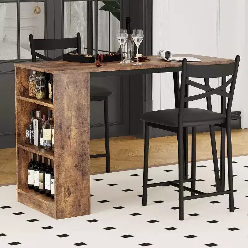 Bar Table Set with Flip Top Extension, Storage Shelves, Upholstered Chairs, Dining Table Set for Small Space