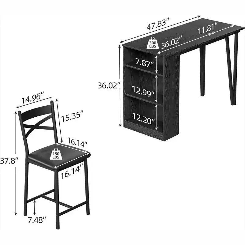 Bar Table Set with Flip Top Extension, Storage Shelves, Upholstered Chairs, Dining Table Set for Small Space