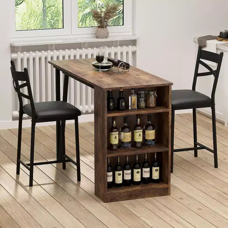 Bar Table Set with Flip Top Extension, Storage Shelves, Upholstered Chairs, Dining Table Set for Small Space