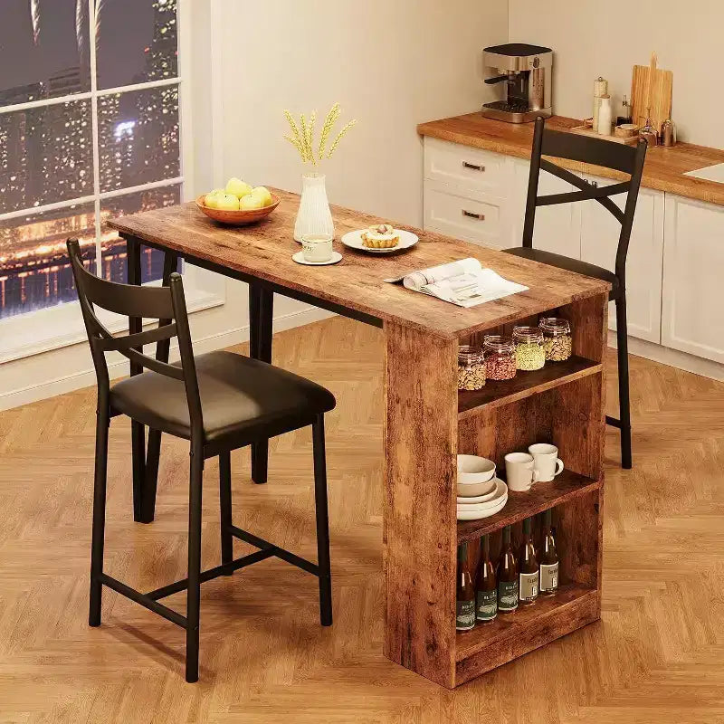 Bar Table Set with Flip Top Extension, Storage Shelves, Upholstered Chairs, Dining Table Set for Small Space