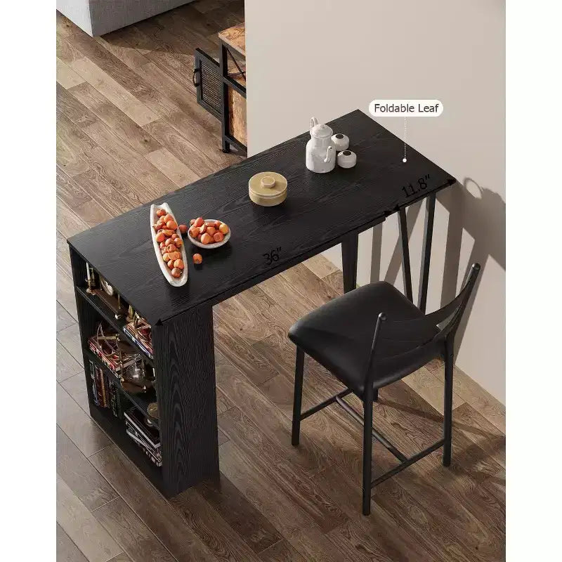 Bar Table Set with Flip Top Extension, Storage Shelves, Upholstered Chairs, Dining Table Set for Small Space