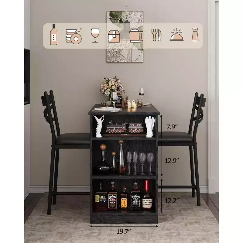 Bar Table Set with Flip Top Extension, Storage Shelves, Upholstered Chairs, Dining Table Set for Small Space