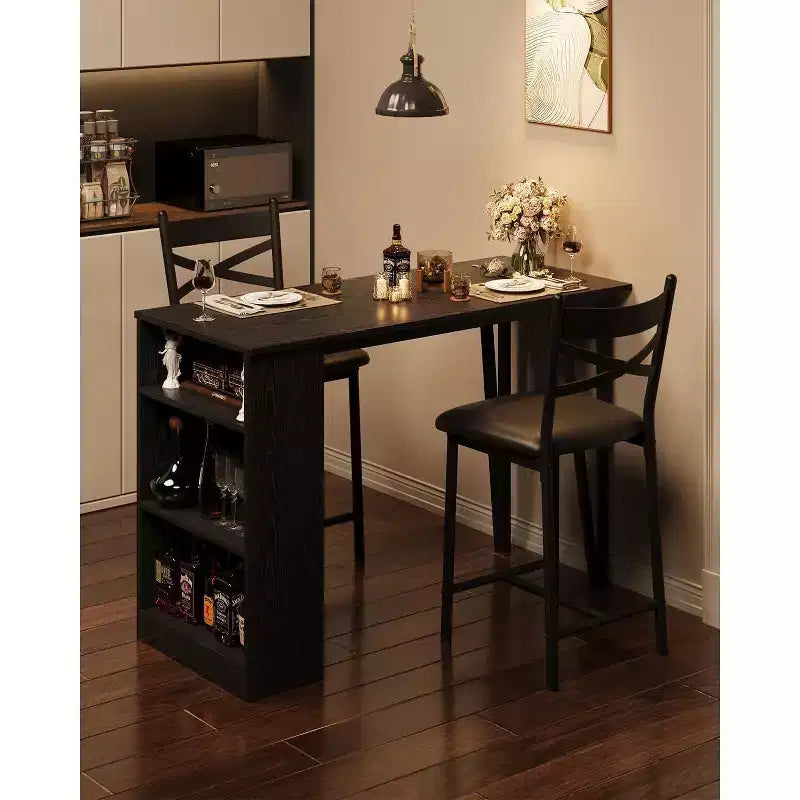 Bar Table Set with Flip Top Extension, Storage Shelves, Upholstered Chairs, Dining Table Set for Small Space