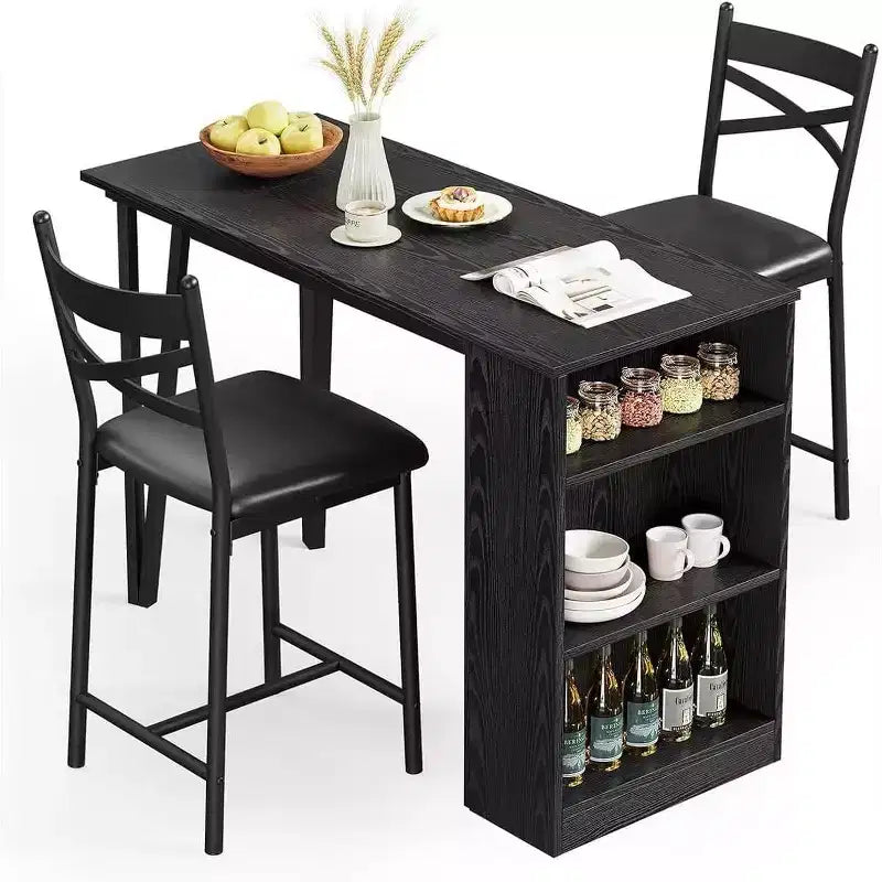 Bar Table Set with Flip Top Extension, Storage Shelves, Upholstered Chairs, Dining Table Set for Small Space