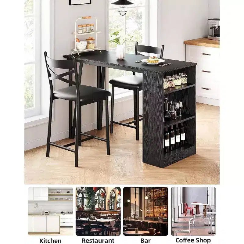 Bar Table Set with Flip Top Extension, Storage Shelves, Upholstered Chairs, Dining Table Set for Small Space