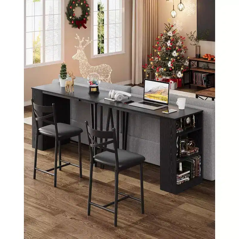 Bar Table Set with Flip Top Extension, Storage Shelves, Upholstered Chairs, Dining Table Set for Small Space