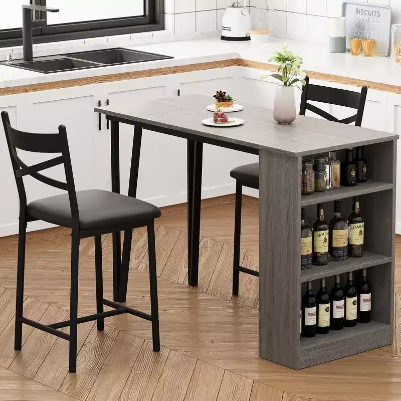Bar Table Set with Flip Top Extension, Storage Shelves, Upholstered Chairs, Dining Table Set for Small Space