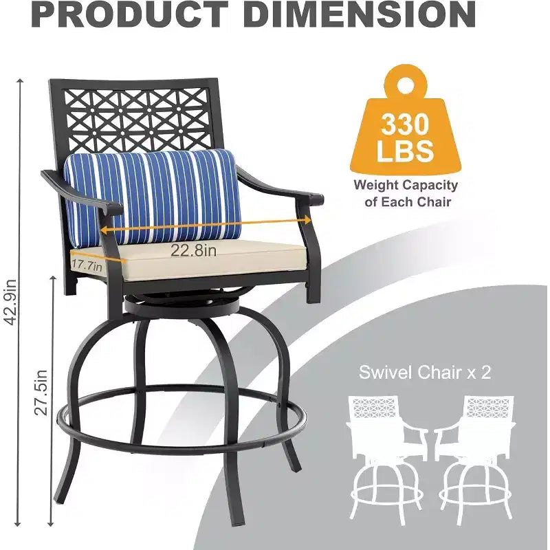 Outdoor Bar Stools Set of 2, 360 Swivel Bar Stools Counter Height with Cushion Armrest Back, Tall Outdoor Swivel BarStools for Backyard