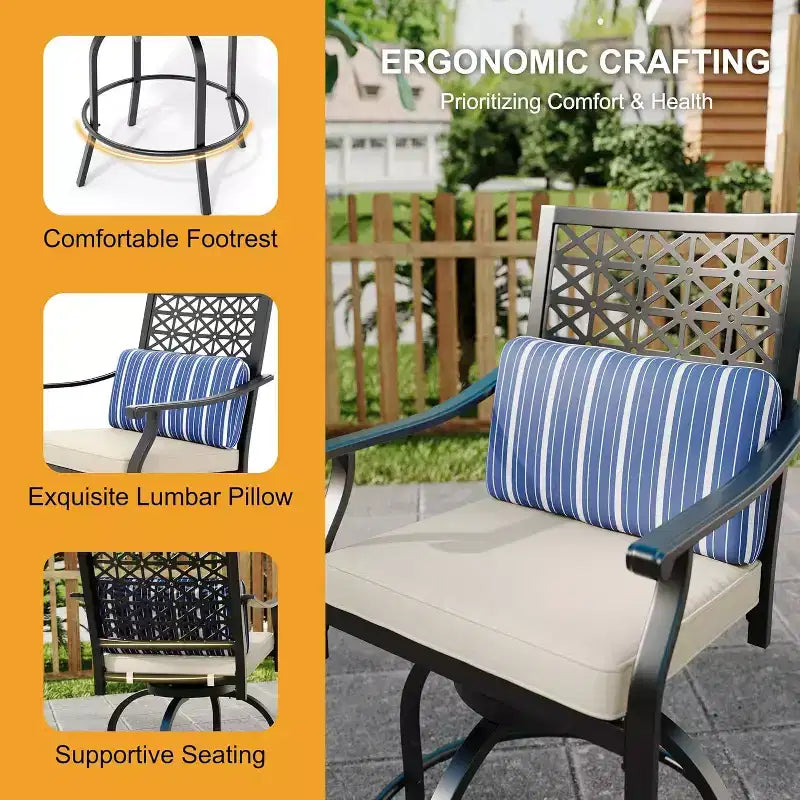 Outdoor Bar Stools Set of 2, 360 Swivel Bar Stools Counter Height with Cushion Armrest Back, Tall Outdoor Swivel BarStools for Backyard