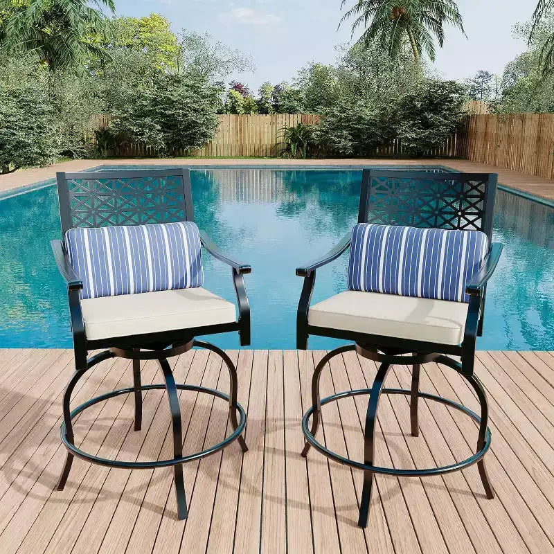 Outdoor Bar Stools Set of 2, 360 Swivel Bar Stools Counter Height with Cushion Armrest Back, Tall Outdoor Swivel BarStools for Backyard