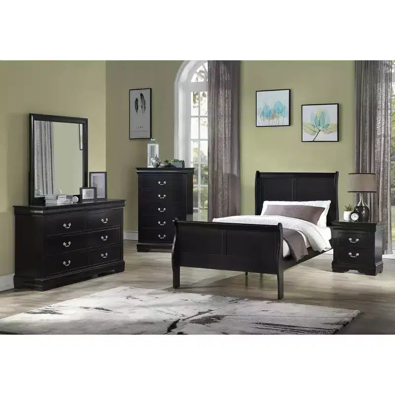 Okak 41 Twin Sleigh Bed Solid Wood Youth Bed Frame with Headboard/Footboard, Low Profile Safe Design for Kids Room, Black