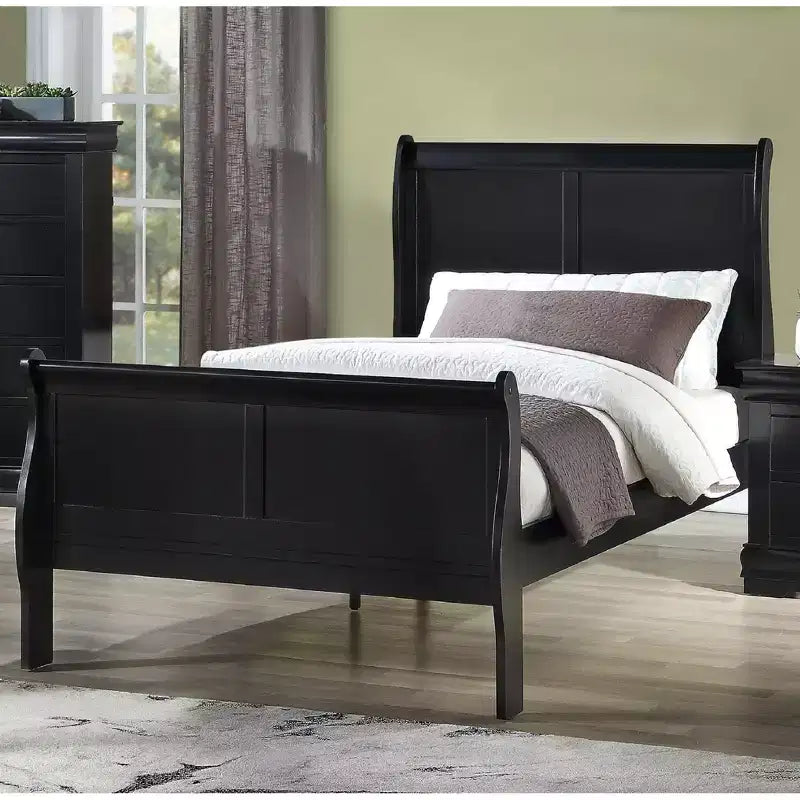 Okak 41 Twin Sleigh Bed Solid Wood Youth Bed Frame with Headboard/Footboard, Low Profile Safe Design for Kids Room, Black