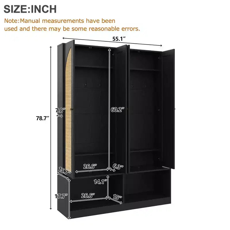 Whisen Farmhouse Widen Hall Tree with 4 Rattan Doors, 4-In-1 Seating Bench with 6 Hooks & Adjustable Shelf