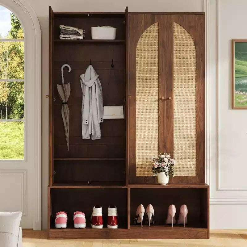Whisen Farmhouse Widen Hall Tree with 4 Rattan Doors, 4-In-1 Seating Bench with 6 Hooks & Adjustable Shelf