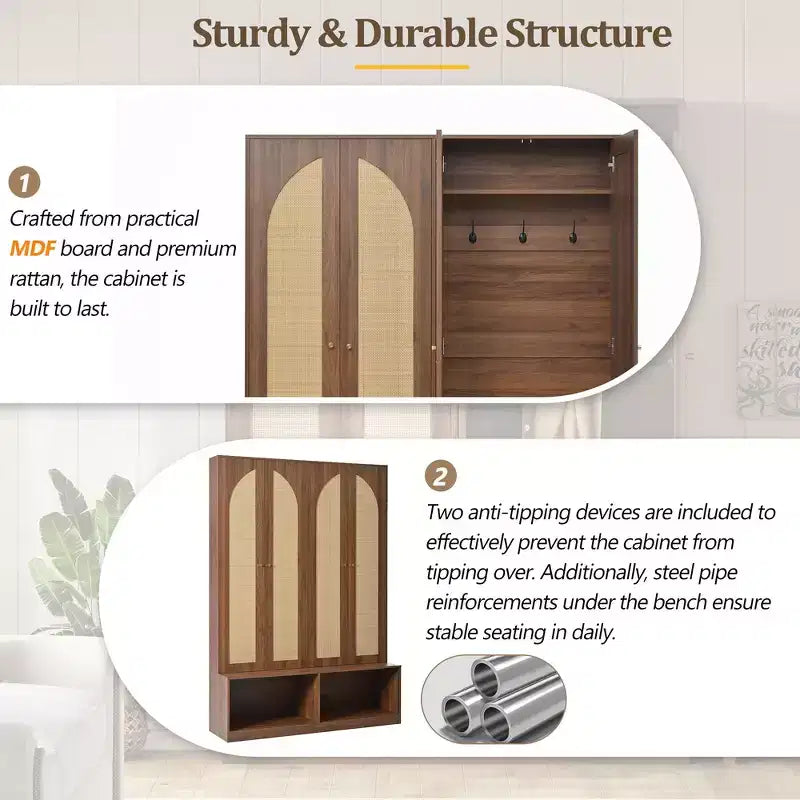 Whisen Farmhouse Widen Hall Tree with 4 Rattan Doors, 4-In-1 Seating Bench with 6 Hooks & Adjustable Shelf