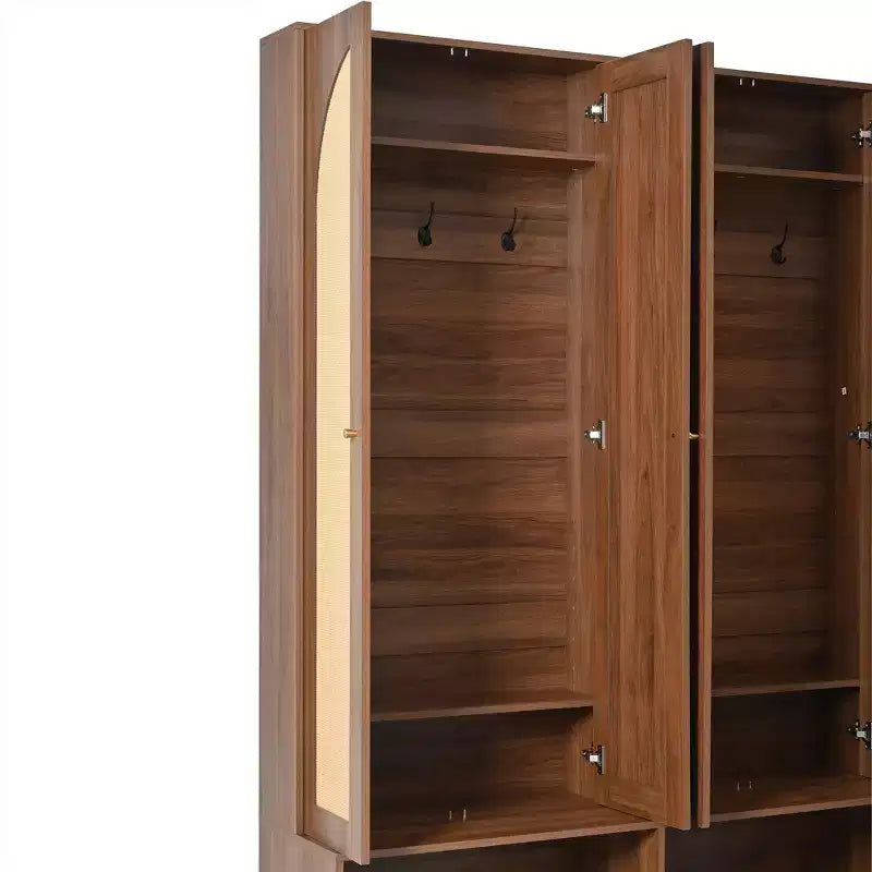 Whisen Farmhouse Widen Hall Tree with 4 Rattan Doors, 4-In-1 Seating Bench with 6 Hooks & Adjustable Shelf