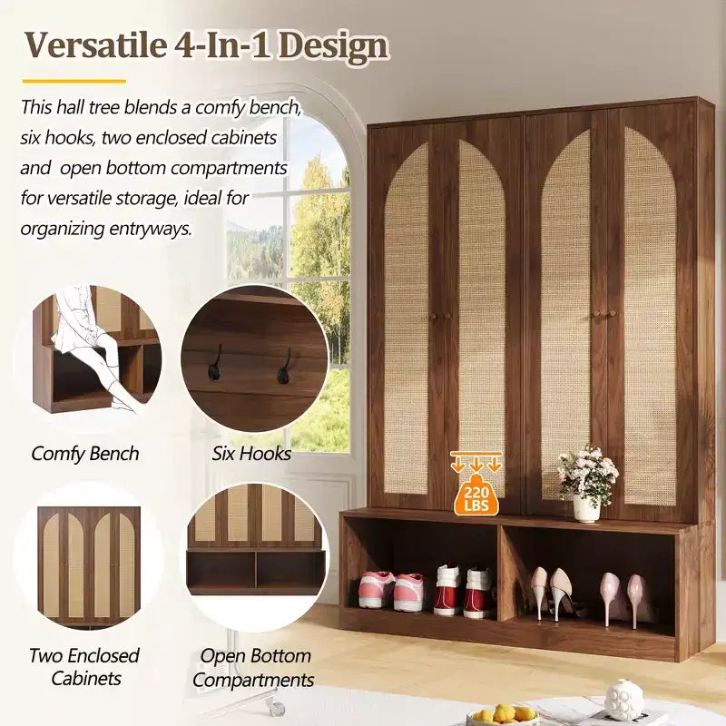 Whisen Farmhouse Widen Hall Tree with 4 Rattan Doors, 4-In-1 Seating Bench with 6 Hooks & Adjustable Shelf