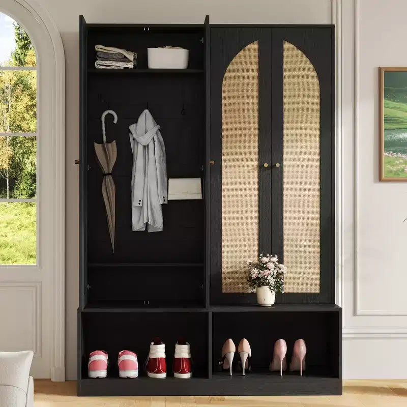 Whisen Farmhouse Widen Hall Tree with 4 Rattan Doors, 4-In-1 Seating Bench with 6 Hooks & Adjustable Shelf