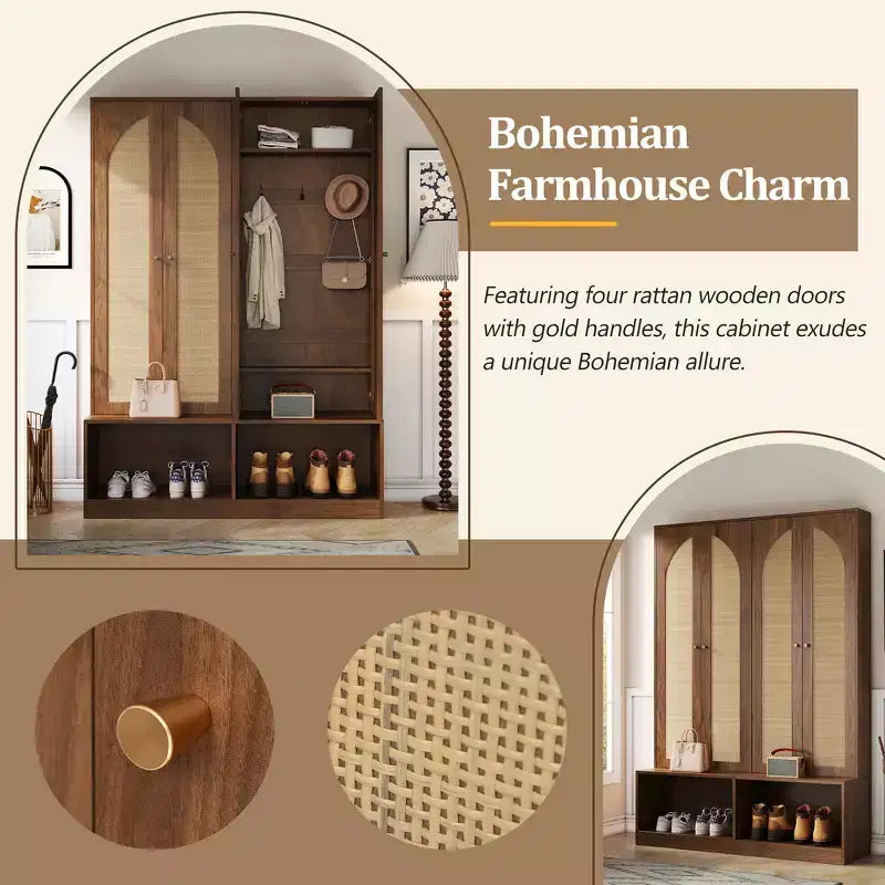 Whisen Farmhouse Widen Hall Tree with 4 Rattan Doors, 4-In-1 Seating Bench with 6 Hooks & Adjustable Shelf