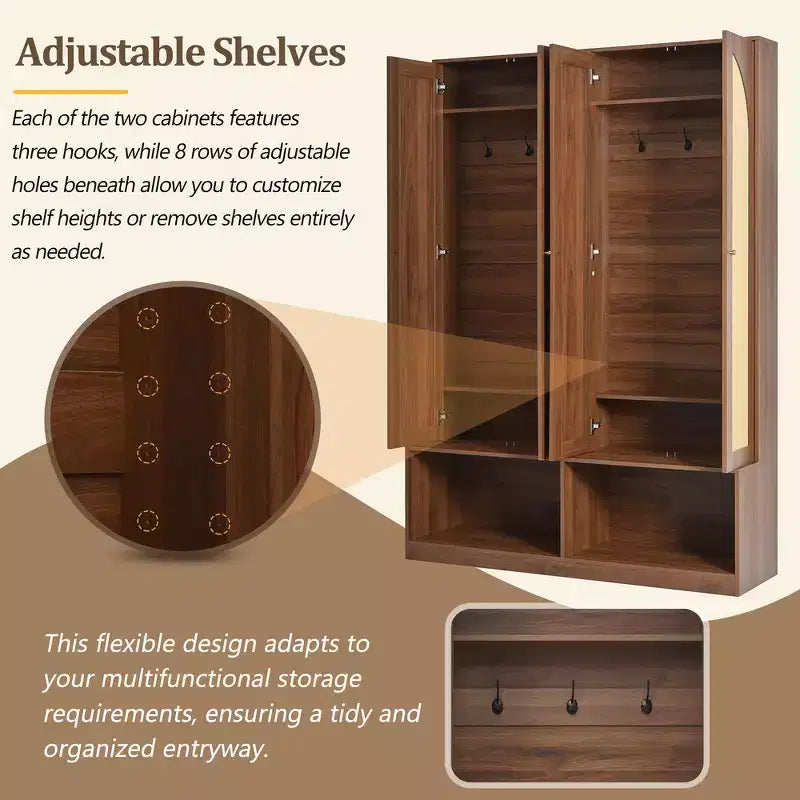 Whisen Farmhouse Widen Hall Tree with 4 Rattan Doors, 4-In-1 Seating Bench with 6 Hooks & Adjustable Shelf