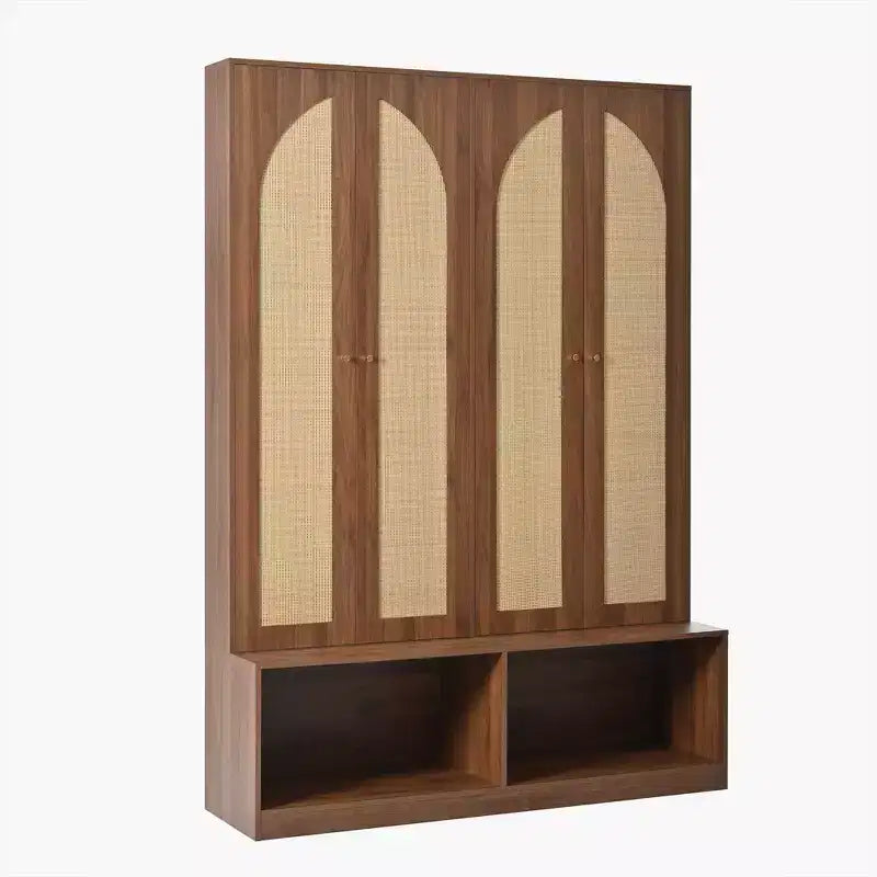 Whisen Farmhouse Widen Hall Tree with 4 Rattan Doors, 4-In-1 Seating Bench with 6 Hooks & Adjustable Shelf