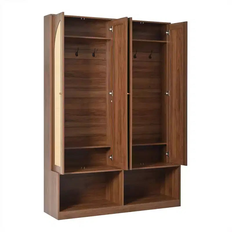 Whisen Farmhouse Widen Hall Tree with 4 Rattan Doors, 4-In-1 Seating Bench with 6 Hooks & Adjustable Shelf