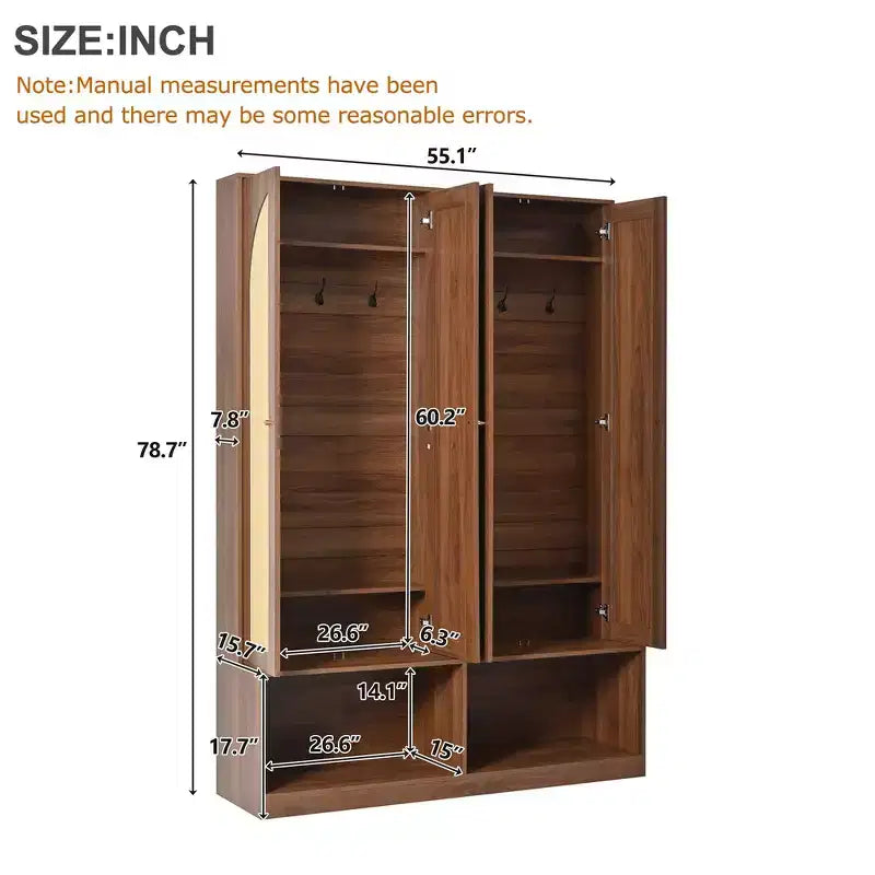 Whisen Farmhouse Widen Hall Tree with 4 Rattan Doors, 4-In-1 Seating Bench with 6 Hooks & Adjustable Shelf