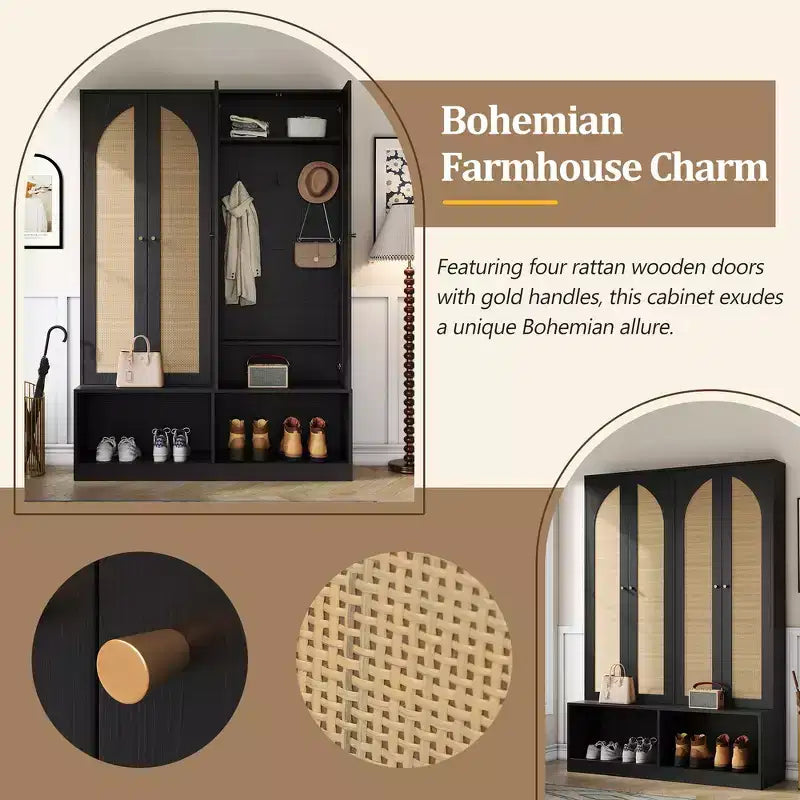 Whisen Farmhouse Widen Hall Tree with 4 Rattan Doors, 4-In-1 Seating Bench with 6 Hooks & Adjustable Shelf