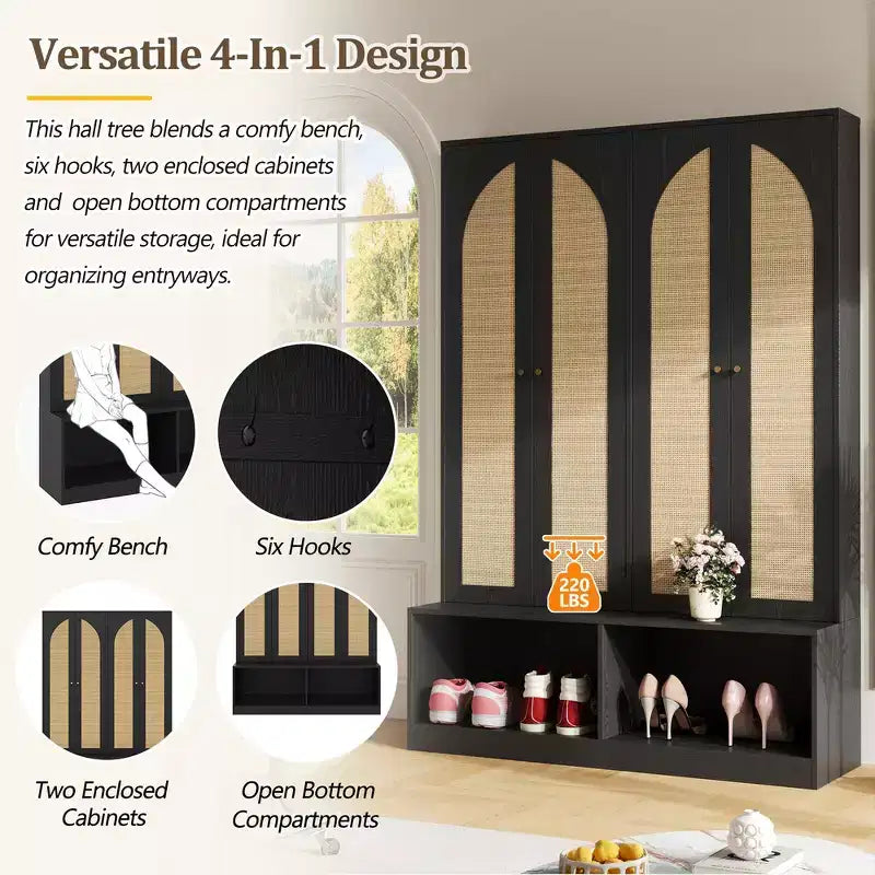 Whisen Farmhouse Widen Hall Tree with 4 Rattan Doors, 4-In-1 Seating Bench with 6 Hooks & Adjustable Shelf