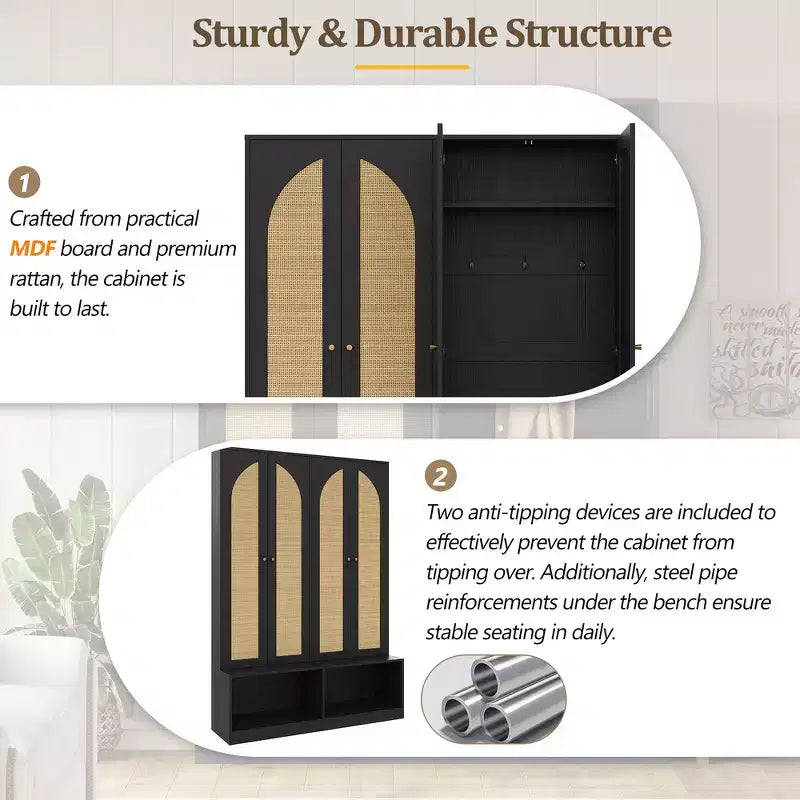 Whisen Farmhouse Widen Hall Tree with 4 Rattan Doors, 4-In-1 Seating Bench with 6 Hooks & Adjustable Shelf