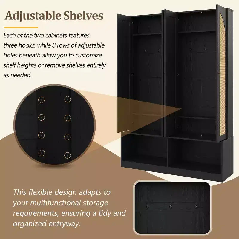 Whisen Farmhouse Widen Hall Tree with 4 Rattan Doors, 4-In-1 Seating Bench with 6 Hooks & Adjustable Shelf