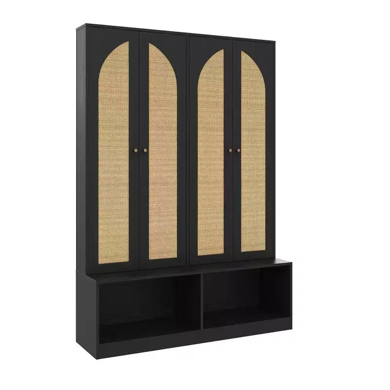 Whisen Farmhouse Widen Hall Tree with 4 Rattan Doors, 4-In-1 Seating Bench with 6 Hooks & Adjustable Shelf