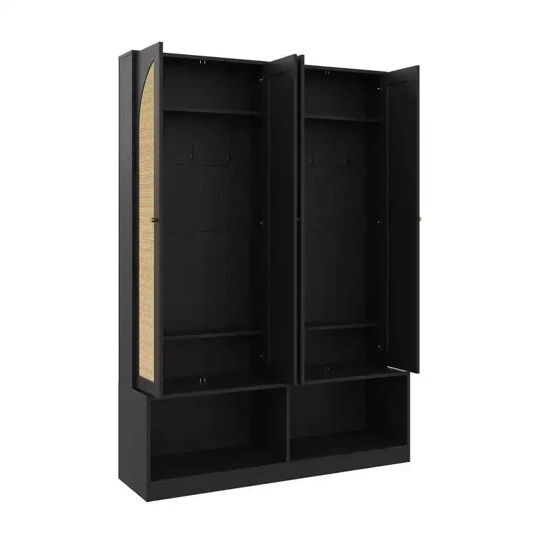 Whisen Farmhouse Widen Hall Tree with 4 Rattan Doors, 4-In-1 Seating Bench with 6 Hooks & Adjustable Shelf