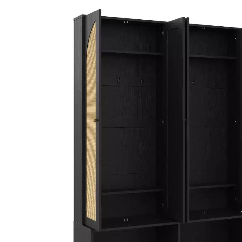 Whisen Farmhouse Widen Hall Tree with 4 Rattan Doors, 4-In-1 Seating Bench with 6 Hooks & Adjustable Shelf