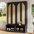 Whisen Farmhouse Widen Hall Tree with 4 Rattan Doors, 4-In-1 Seating Bench with 6 Hooks & Adjustable Shelf