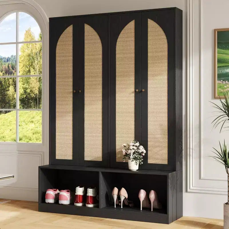 Whisen Farmhouse Widen Hall Tree with 4 Rattan Doors, 4-In-1 Seating Bench with 6 Hooks & Adjustable Shelf